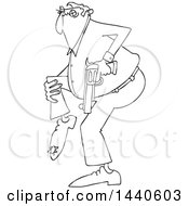 Clipart Of A Cartoon Black And White Lineart Man Shooting Himself In The Foot Royalty Free Vector Illustration