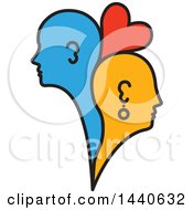 Poster, Art Print Of Blue And Orange Profiled Heads Of A Couple With A Heart