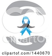 Poster, Art Print Of Blue Prostate Cancer Awareness Ribbon With A Mustache Framed With Gray Hands