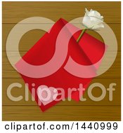 Poster, Art Print Of 3d Folded Red Valentine Handkerchief With An Ivory Rose Over Wood