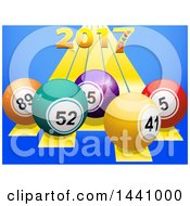 Poster, Art Print Of 3d Golden New Year 2017 Numbers Over Stripes And Bingo Or Lottery Balls On Blue