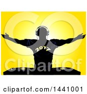 Poster, Art Print Of Black Silhouetted Male Dj Holding His Arms Up Wearing A 2017 New Year Shirt Over Record Decks On Yellow