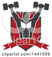 Poster, Art Print Of Silhouetted Strong Male Bodybuilder Working Out And Doing Shoulder Presses With Dumbbells In A Shield With A Banner