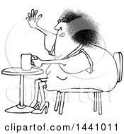 Poster, Art Print Of Cartoon Black And White Lineart Chubby Woman Sitting With Coffee At A Table And Waving With A Flabby Arm