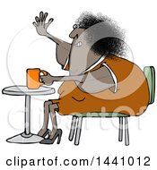 Poster, Art Print Of Cartoon Chubby Black Woman Sitting With Coffee At A Table And Waving With A Flabby Arm