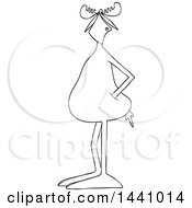 Clipart Of A Cartoon Black And White Lineart Moose Standing With His Hands In His Pockets Royalty Free Vector Illustration