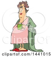 Poster, Art Print Of Cartoon Chubby White Woman In A Robe Wearing Curlers And Holding A Cup Of Morning Coffee