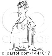 Clipart Of A Cartoon Black And White Lineart Chubby Woman In A Robe Wearing Curlers And Holding A Cup Of Morning Coffee Royalty Free Vector Illustration
