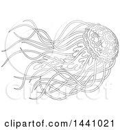 Poster, Art Print Of Cartoon Black And White Lineart Beautiful Jellyfish