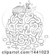 Clipart Of A Cartoon Black And White Lineart Sea Snail On Coral Royalty Free Vector Illustration