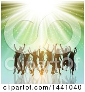 Poster, Art Print Of Group Of Silhouetted People Dancing Over Green With Lights