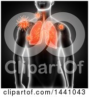 Clipart Of A 3d Xray Man With Highlighted Red Lungs And Viruses On Black Royalty Free Illustration