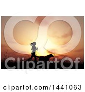 Clipart Of A Silhouetted Fit Woman Jogging With Her Dog Against A Sunset Or Sunrise Royalty Free Illustration