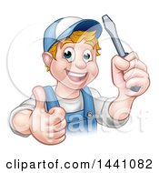 Poster, Art Print Of Cartoon Happy White Male Electrician Holding Up A Screwdriver And A Thumb