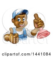 Poster, Art Print Of Cartoon Happy Black Male Plumber Holding A Plunger And Giving A Thumb Up