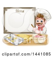 Poster, Art Print Of Cartoon Happy White Male Chef Baker Mixing Frosting And Making Cookies Under A Menu