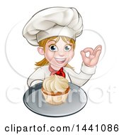 Clipart Of A Cartoon Happy White Female Chef Baker Gesturing Ok And Holding A Cupcake On A Tray Royalty Free Vector Illustration