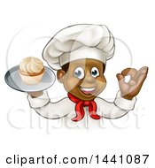 Poster, Art Print Of Cartoon Happy Black Male Chef Baker Gesturing Ok And Holding A Cupcake On A Tray