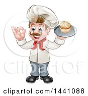 Poster, Art Print Of Cartoon Full Length Happy White Male Chef Baker Gesturing Ok And Holding A Cupcake On A Tray