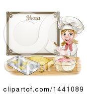 Poster, Art Print Of Cartoon Happy White Female Chef Baker Mixing Frosting And Making Cookies Under A Menu