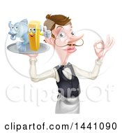 Clipart Of A White Male Waiter Or Butler With A Curling Mustache Holding Fish And A Chips On A Tray And Gesturing Ok Royalty Free Vector Illustration