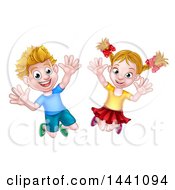 Poster, Art Print Of Cartoon Happy Excited Blond Caucasian Boy And Girl Jumping