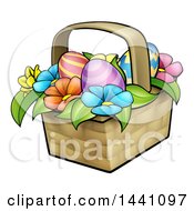 Clipart Of A Basket Of Easter Eggs And Colorful Flowers Royalty Free Vector Illustration