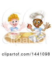 Clipart Of Happy White And Black Boys Making Frosting And Cookies Royalty Free Vector Illustration