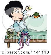Poster, Art Print Of Cartoon Boy In Bed With A Basket Flowers And Star