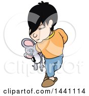 Clipart Of A Cartoon Boy Walking And Carrying A Mouse Behind His Back Royalty Free Vector Illustration