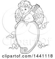 Poster, Art Print Of Cartoon Black And White Lineart Baby Cupid Over A Valentine Love Heart Frame