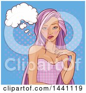 Clipart Of A Pop Art Purple Haired Woman Thinking Over Halftone Hearts Royalty Free Vector Illustration