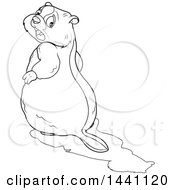 Cartoon Black And White Lineart Groundhog Looking Back In Horror At His Shadow