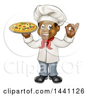 Poster, Art Print Of Cartoon Full Length Happy Black Male Chef Gesturing Ok And Holding A Pizza