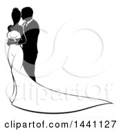 Clipart Of A Black And White Silhouetted Posing Wedding Bride And Groom Royalty Free Vector Illustration