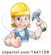 Clipart Of A Cartoon Happy White Female Carpenter Holding Up A Hammer And Giving A Thumb Up Royalty Free Vector Illustration