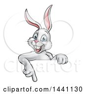 Clipart Of A Happy White Easter Bunny Rabbit Pointing Down Over A Sign Royalty Free Vector Illustration