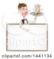 Poster, Art Print Of Cartoon Caucasian Male Waiter With A Curling Mustache Holding A Kebab Sandwich Character On A Tray Pointing Down Over A Blank Sign