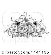 Poster, Art Print Of Black And Winte Vintage Woodcut Or Engraved Entwined Wedding Rings On A Hibiscus Flower Bouquet