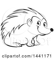 Clipart Of A Black And White Lineart Happy Hedgehog Royalty Free Vector Illustration by Lal Perera