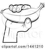 Clipart Of A Black And White Hand Holding A Banana Royalty Free Vector Illustration