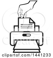 Clipart Of A Black And White Hand And Desktop Printer Royalty Free Vector Illustration by Lal Perera