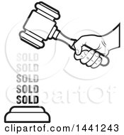 Clipart Of A Black And White Hand Banging An Auction Gavel With Repeated Grayscale Sold Text Royalty Free Vector Illustration