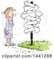 Poster, Art Print Of Cartoon Business Woman Stuck At A Fork In The Road Looking Up At Arrow Signs