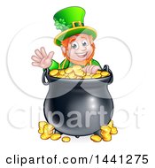 Poster, Art Print Of Cartoon Friendly St Patricks Day Leprechaun Waving Over A Pot Of Gold