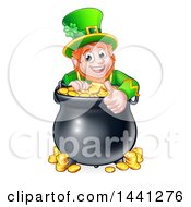 Poster, Art Print Of Cartoon Friendly St Patricks Day Leprechaun Giving A Thumb Up Over A Pot Of Gold