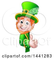 Poster, Art Print Of Cartoon Friendly St Patricks Day Leprechaun Holding A Thumb Up Around A Sign