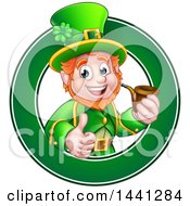 Poster, Art Print Of Cartoon Friendly St Patricks Day Leprechaun Giving A Thumb Up And Smoking A Pipe In A Green Circle