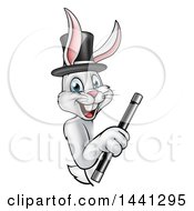 Poster, Art Print Of Happy White Rabbit Magcician Wearing A Hat And Holding A Wand Around A Sign
