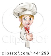 Poster, Art Print Of Cartoon Happy White Female Chef Holding A Thumb Up Around A Sign